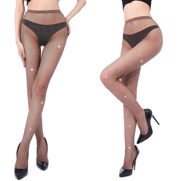 Sexy Coffee Fishnet Pantyhose with Crystal Rhinestones - Picture 5 of 16